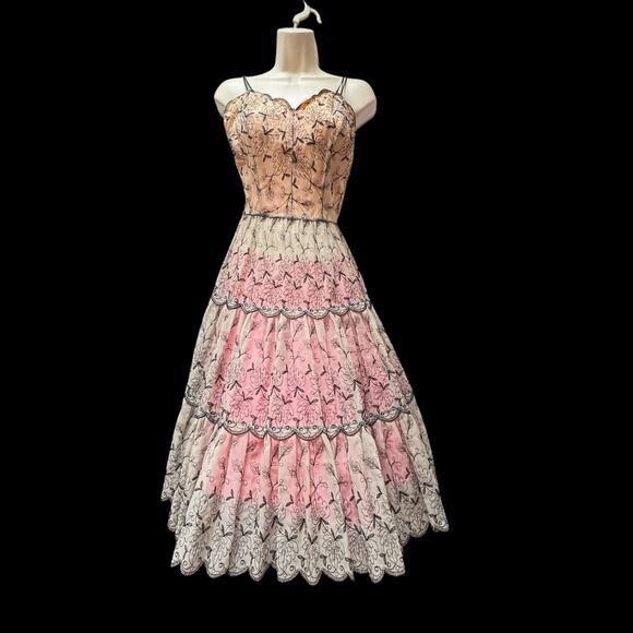 Vintage 1950s Sheer Cupcake Chiffon Embroidered Party Dress Pink & Black XS - Picture 2 of 16